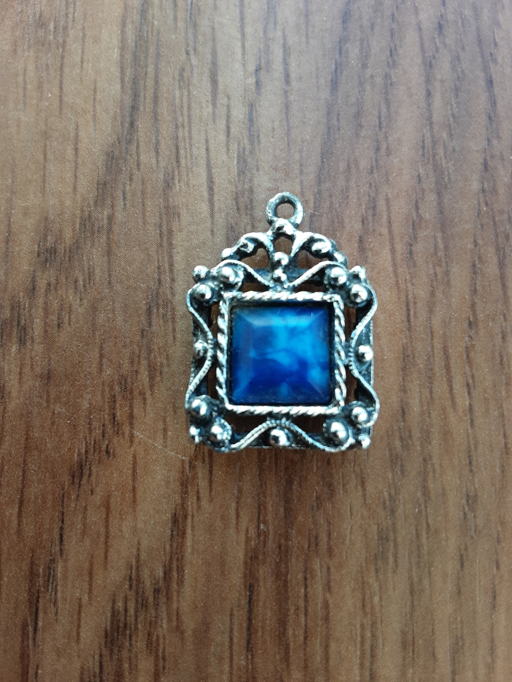 Vintage Pendant Vibrant Blue Speckled Stone Ornate Double Sided Filigree Setting